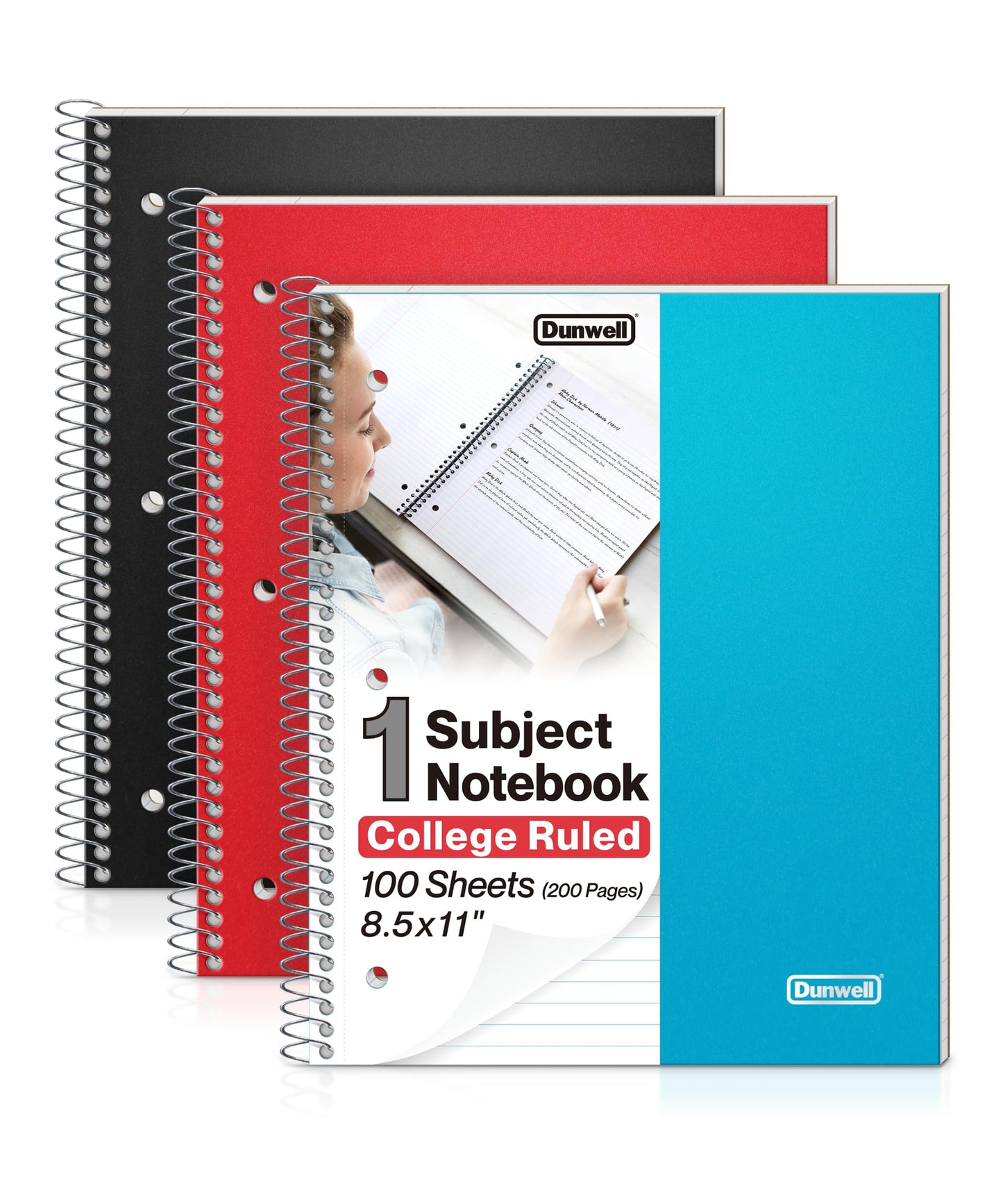 Dunwell College Ruled Spiral Notebook, (3-Pack, Red, Blue, Black) 1 Subject Notebook 8.5 x 11, Plastic Covers, Poly Pocket Dividers, 100 Sheets (200