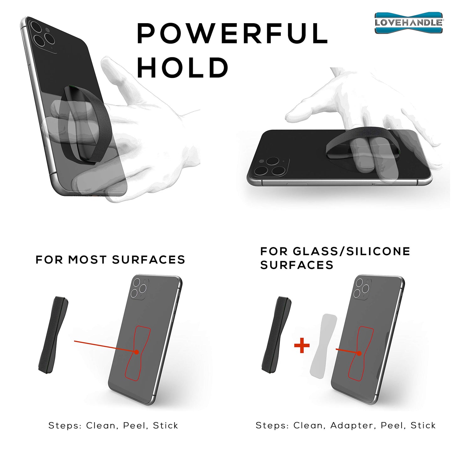 LOVEHANDLE Universal Phone Grip for Most Smartphones, Mini Tablets and Cases, Black Elastic Strap with White Base, LH-01White