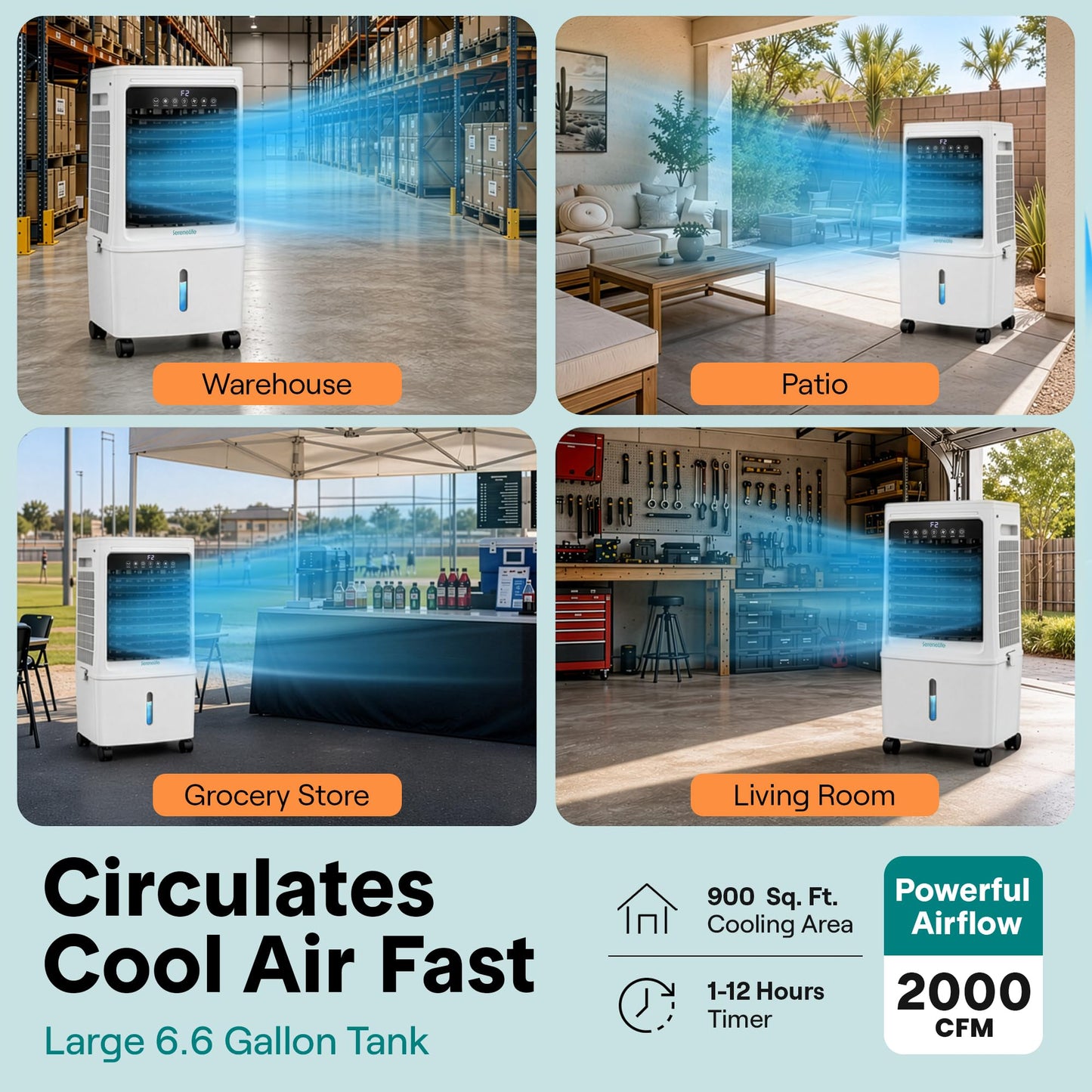SereneLife Tower Fan, Smart Stand Up Bladeless Tower Fan with WiFi and Remote Control, 1700 CFM High Velocity Output, 25 Liter Detachable Water Tank