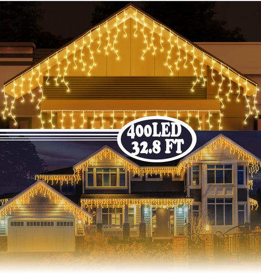 BLOFUN LED Lamps Outdoor Icicle Lights, 32.8 ft 400 LED - 8 Modes Curtain String Lights for Indoor/Outdoor, Wedding, Party, Holiday