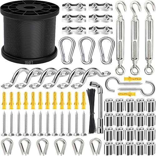Yawuztu String Light Hanging Kit, 164 Feet Black 304 Stainless Steel Cable with Turnbuckle, Thimble & Hooks for Outdoor, Patio, Garden, Christmas