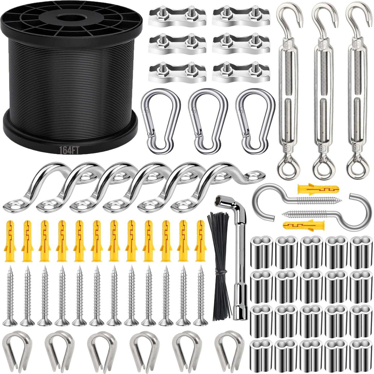 Yawuztu String Light Hanging Kit, 164 Feet Black 304 Stainless Steel Cable with Turnbuckle, Thimble & Hooks for Outdoor, Patio, Garden, Christmas