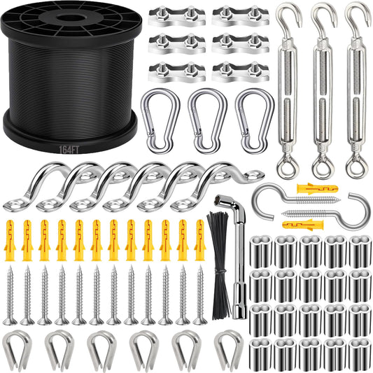 Yawuztu String Light Hanging Kit, 164 Feet Black 304 Stainless Steel Cable with Turnbuckle, Thimble & Hooks for Outdoor, Patio, Garden, Christmas