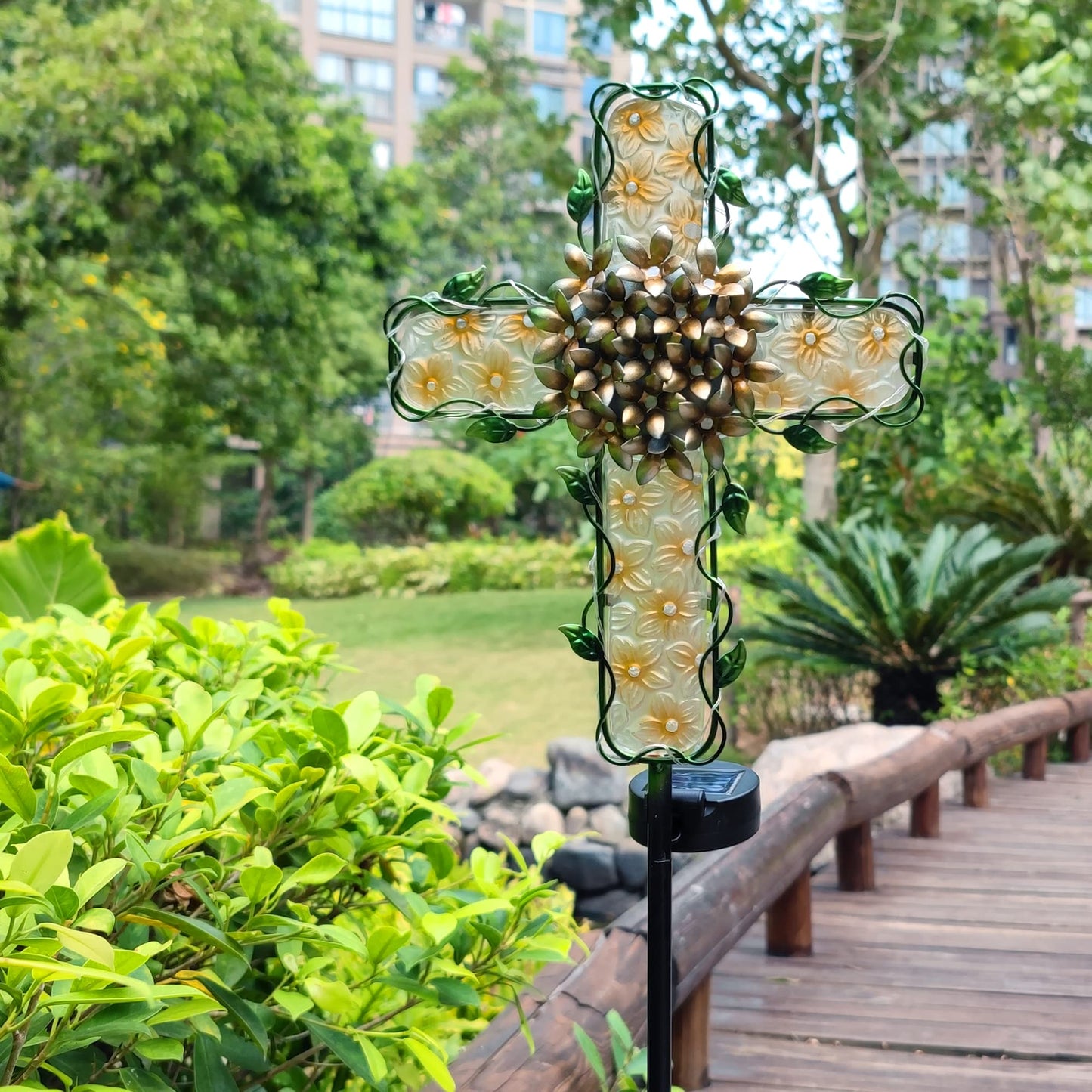 COOZZYHOUR 38inch Cross Garden Solar Lights Outdoor Decorative - Solar Metal&Glass Cross Apricot Hydrangea Flower Stake Lights- Waterproof 20 White