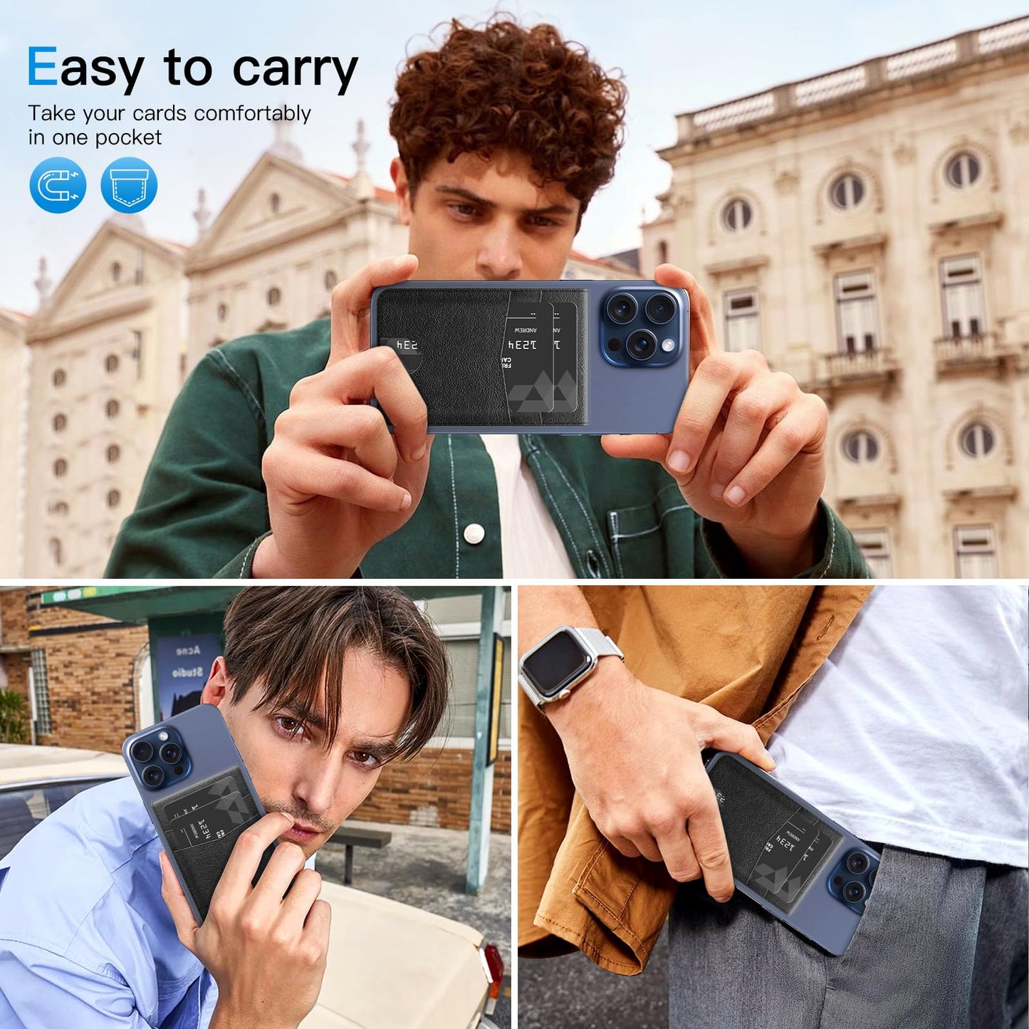Anpdasi Magnetic Phone Wallet Strong Magnetic Wallet for iPhone 15/14/13/12 Series for Magsafe with Adjustable Stand, 4 Card Holder, RFID Blocking