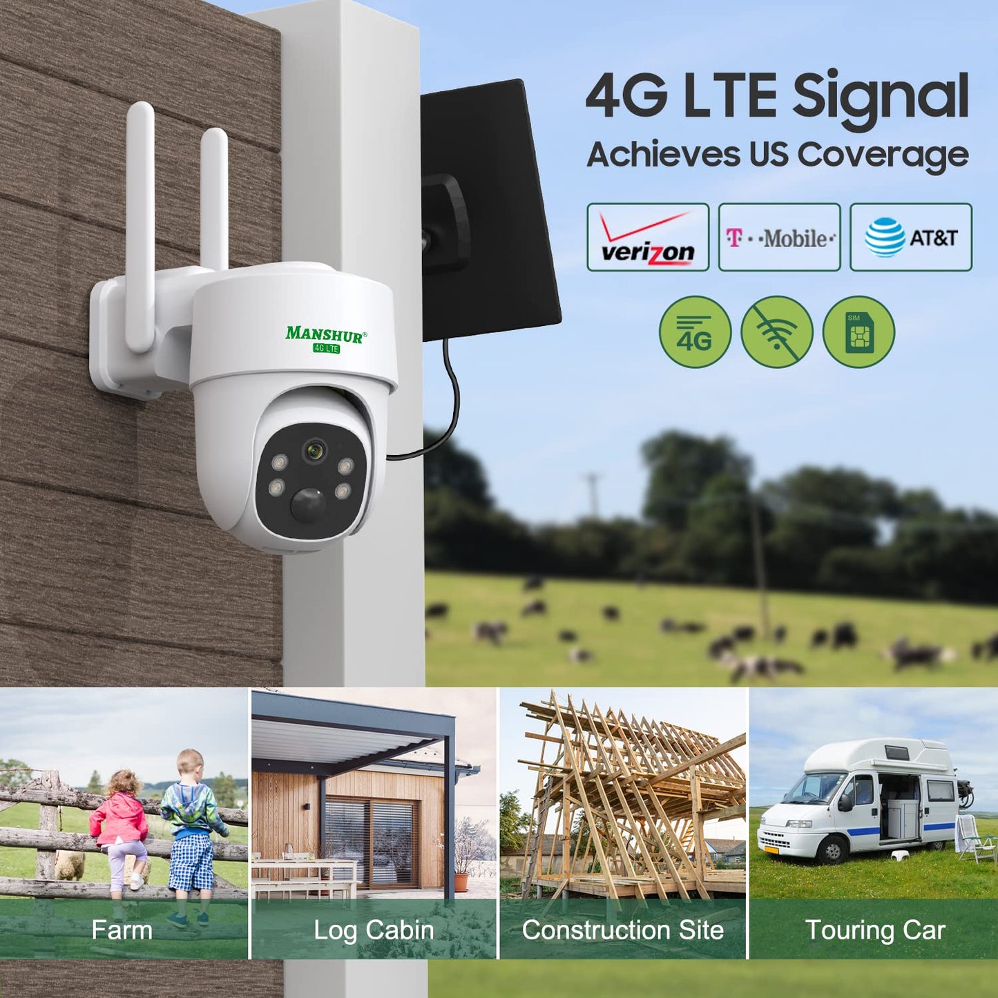 Manshur® 4G LTE Cellular Security Camera Outdoor Wireless, Cameras Without WiFi Needed 360°PTZ 2K/3MP Color Night Vision, 2 Way Talk, PIR Motion
