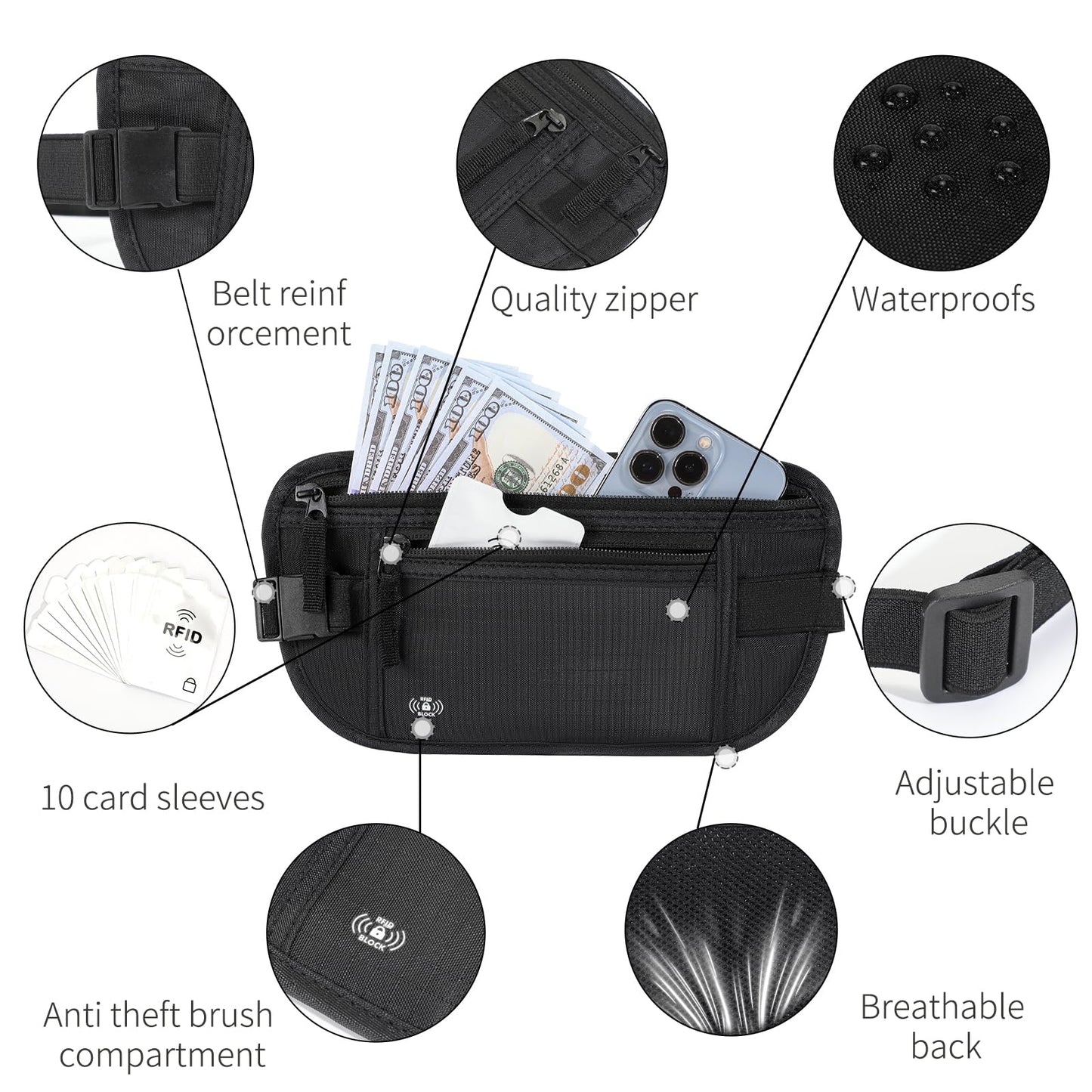 Money Belt For Travel Women Men Hidden Rfid Passport Holder For Travel (Black)