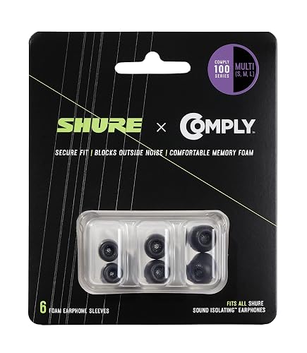 Shure Comply Foam Sleeves 100 Series - Replacement Memory Foam Tips for Shure Sound Isolating Earphones - 6 Pack (3 Pairs), S/M/L, 1 Each