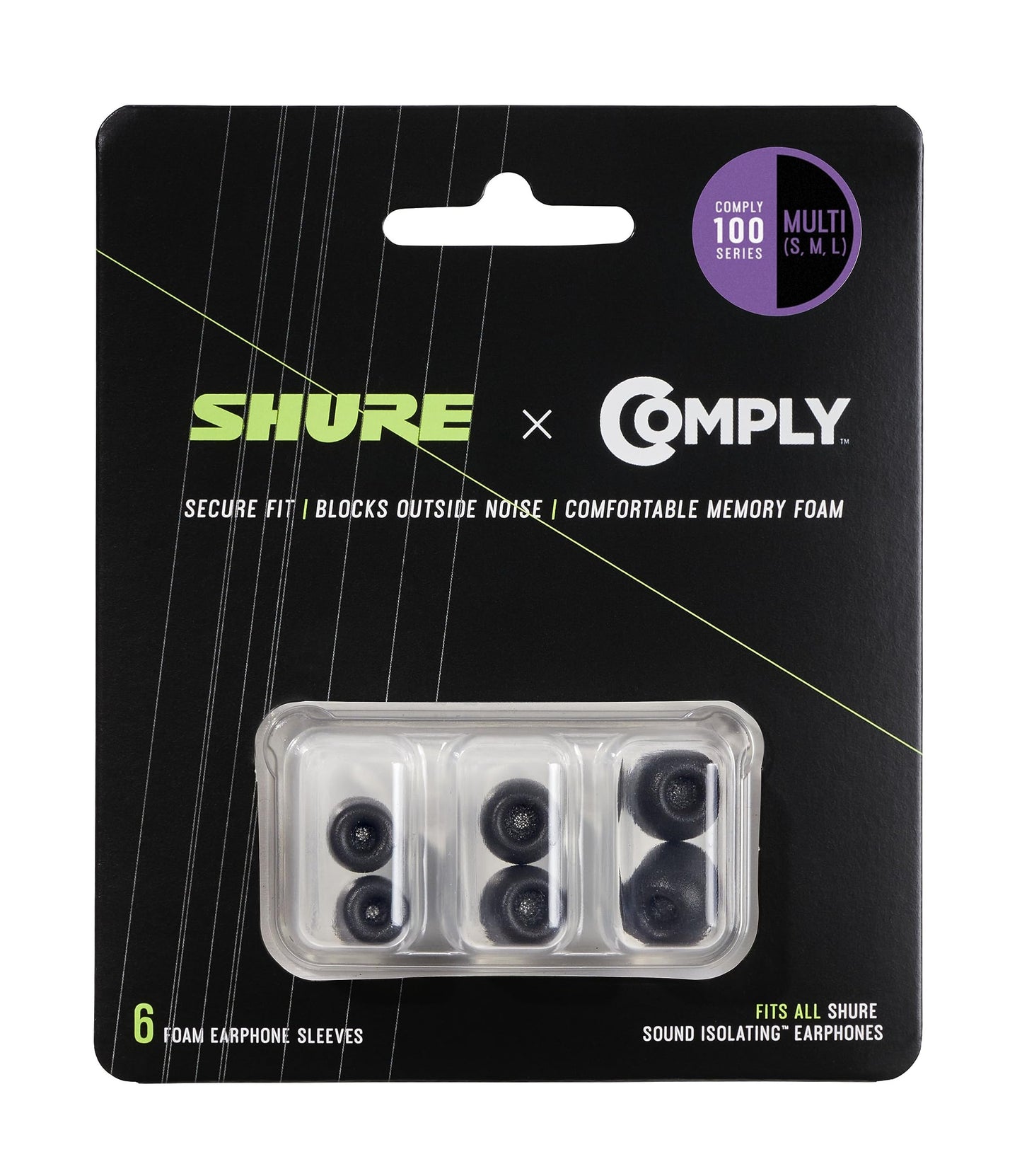 Shure Comply Foam Sleeves 100 Series - Replacement Memory Foam Tips for Shure Sound Isolating Earphones - 6 Pack (3 Pairs), S/M/L, 1 Each