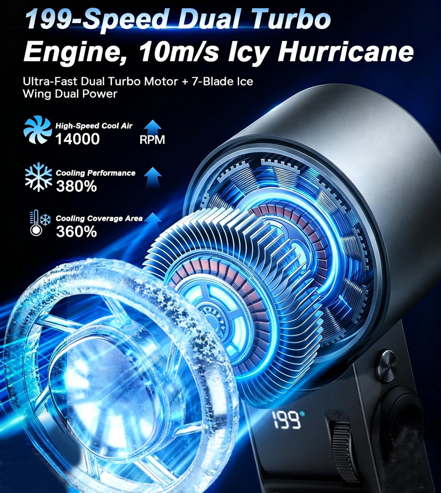 Portable Handheld Fan with Ice Cooling Plate & Flashlight, Metal Personal Mini Turbo Hand Held Fans 6000mAh Rechargeable,1-199 Speeds,14000RPM Travel