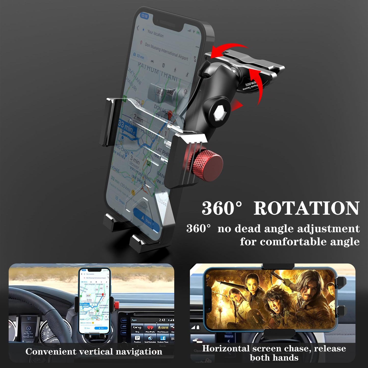 KOQEIEY Upgraded Aluminum Vent Phone Mount for Toyota Tacoma 2016 2017 2018 2019 2020 2021 2022 2023, 3rd Gen Tacoma Phone Holder with 360° Rotation