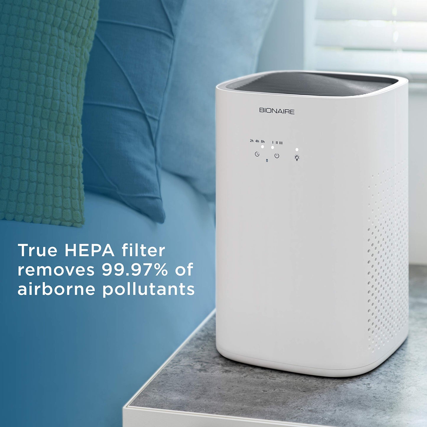 Bionaire True HEPA 360° Air Purifier for Medium Rooms, Air Filter for Allergens, Pets, and Dust with Quiet Setting and Night Light, 3 Speeds, White