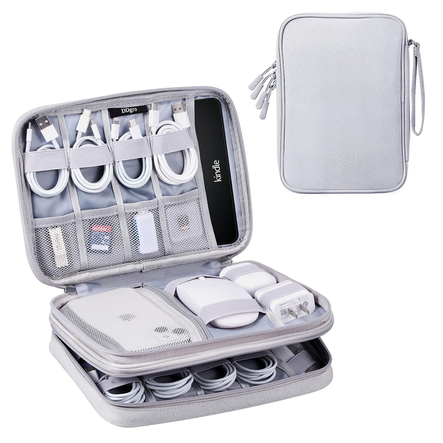 DDgro Cable Organizer Bag, Large Charger Cord Travel Case for Electronics & Tech Accessories (Large, Light Grey)