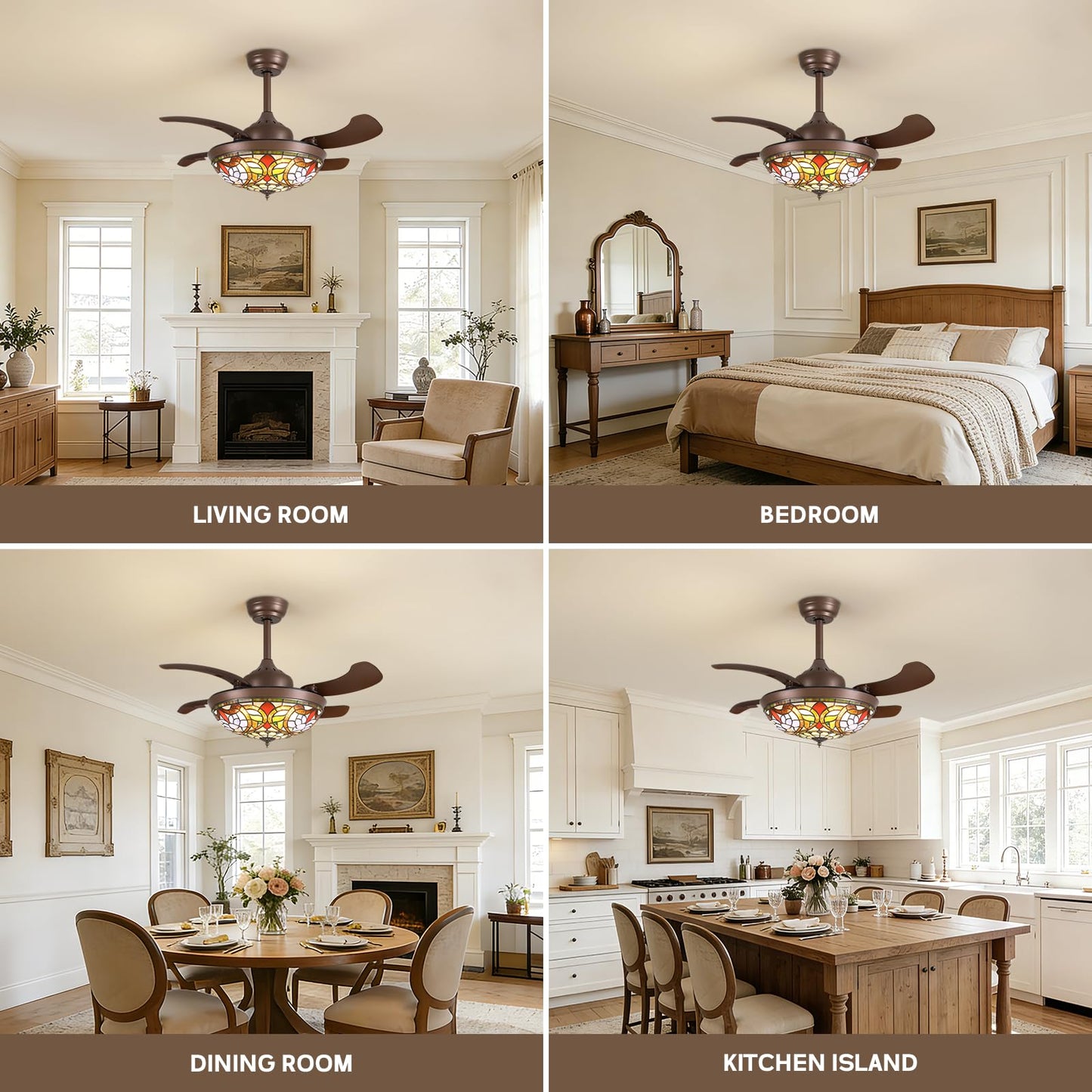Siljoy 36 inch Tiffany Stained Glass Ceiling Fan,Retro Chandelier Fan with Glass Shade, Farmhouse Invisible Retractable Ceiling Fan with Lights
