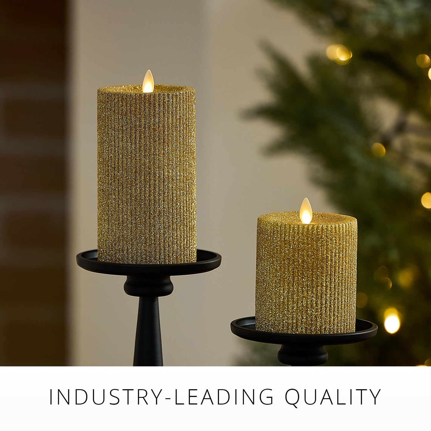 Luminara Rich Gold Glitter Ribbed Flameless LED Candle Moving Flame Pillar, Real Wax, Flat Top, Timer (3.25" x 6.5")