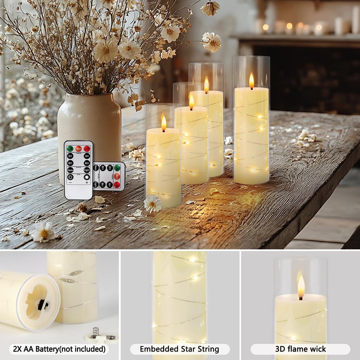CAKETYCG 24 Pcs LED Flameless Candles with Remote, 3D Flickering Flame & LED String Lights, Acrylic Clear Cylinder, Timer Function, Romantic Ambience