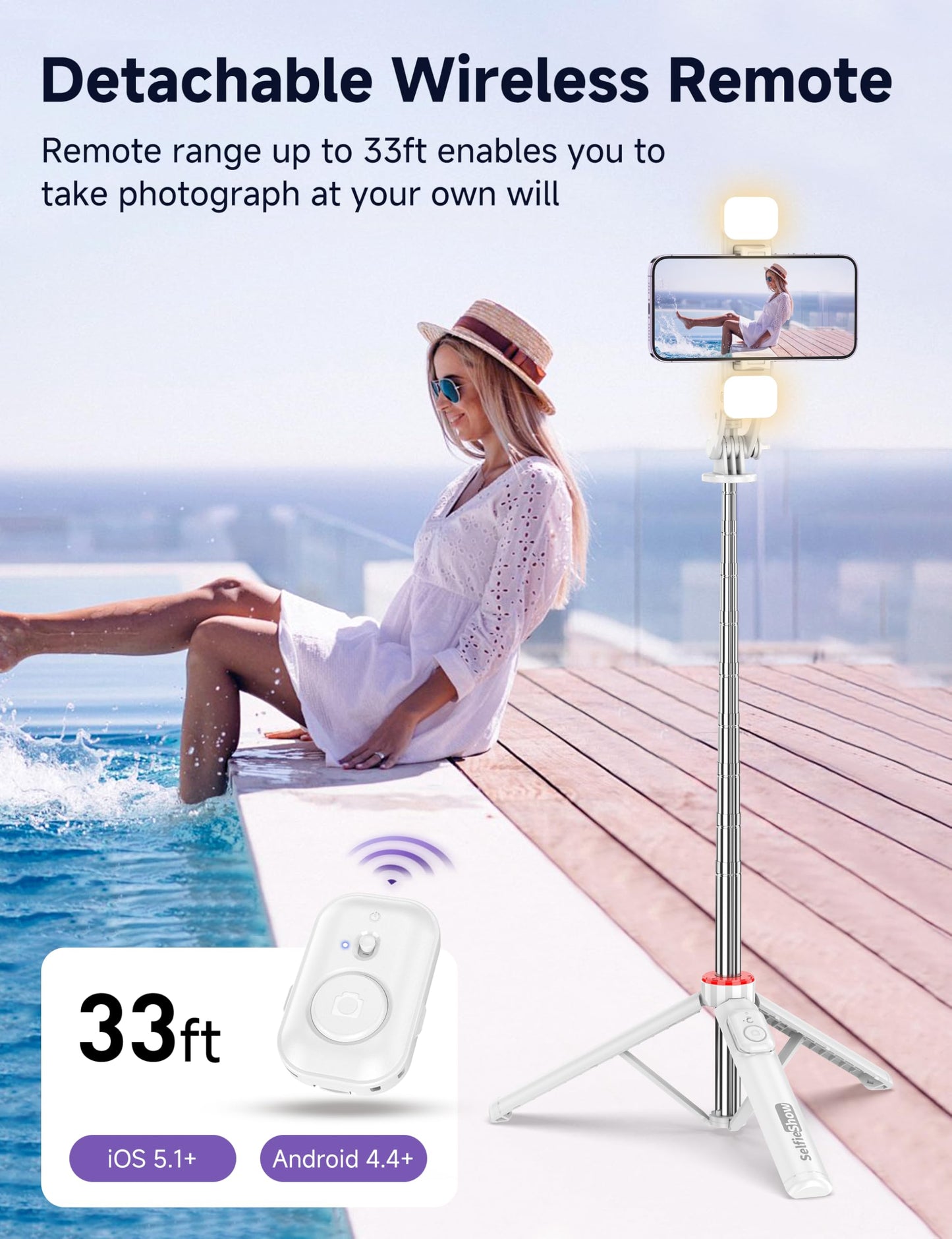 Selfie Stick Tripod with 2 Light, 3 Light Modes & 6 Brightness Levels Extendable Phone Tripod with Detachable Remote & Phone Holder, Portable Camera