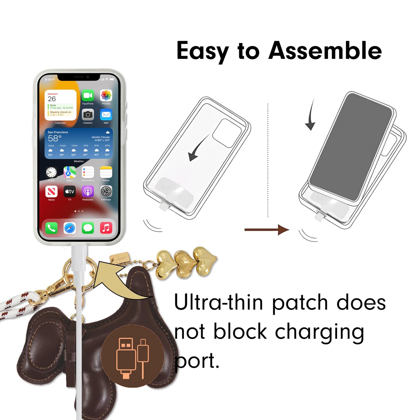 Sonix | Crossbody Phone Strap with Plush Animal Charm | Adjustable, Universal Cell Phone Rope Strap Lanyard | White Cord | Chocolate Dog