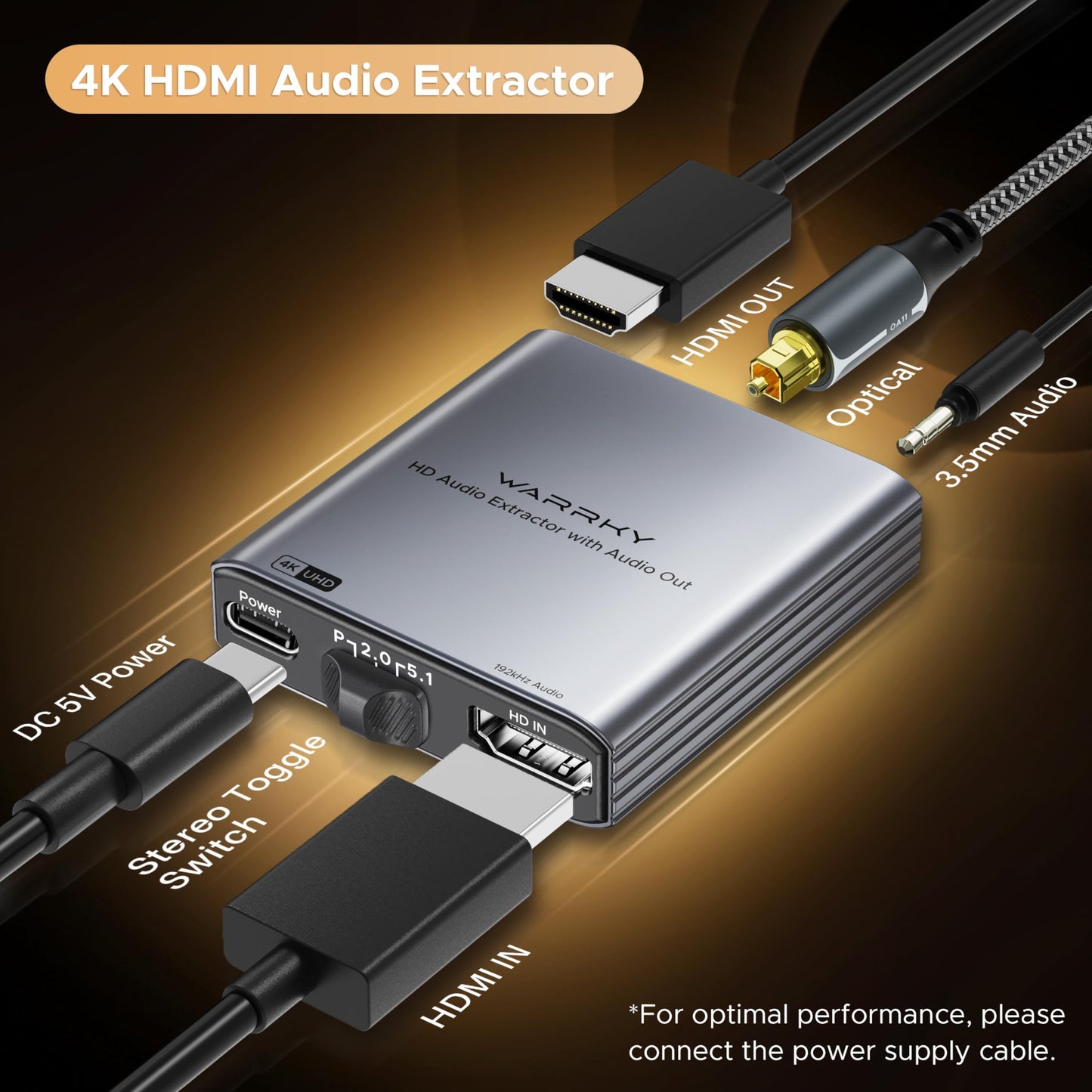 WARRKY 4K HDMI Audio Extractor, Convert HDMI to Optical S/PDIF and 3.5mm Aux RCA, [Supports Dolby Atmos Digital Plus, DTS], for TV Fire Stick