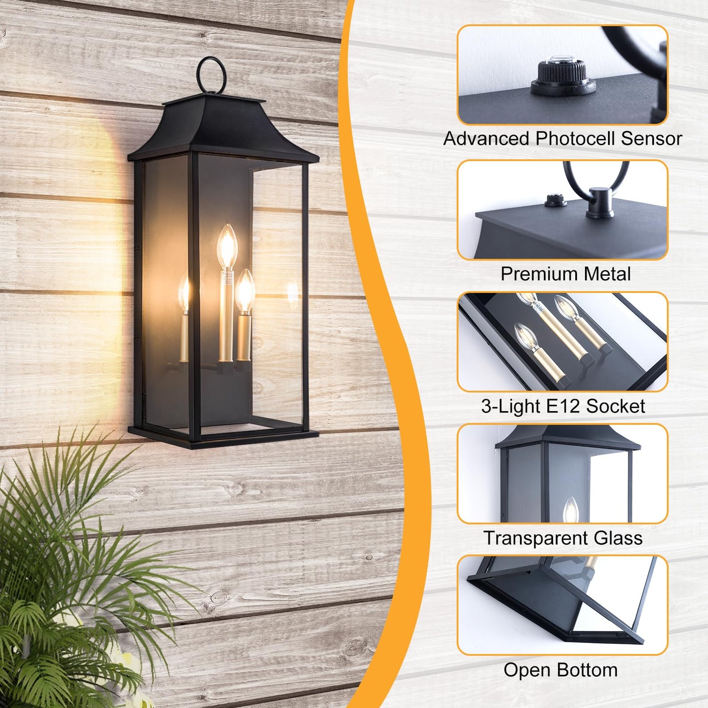 Lawyettle Dusk to Dawn Outdoor Wall Light 3-Light, 25.3" Large Outdoor Light Fixture, Black Exterior Wall Lantern, Waterproof Outside Wall Sconce