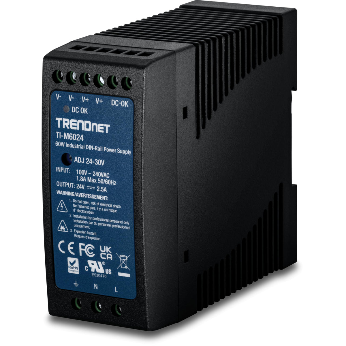 TRENDnet 60W, 24V DC, 2.5A AC to DC DIN-Rail Power Supply, TI-M6024