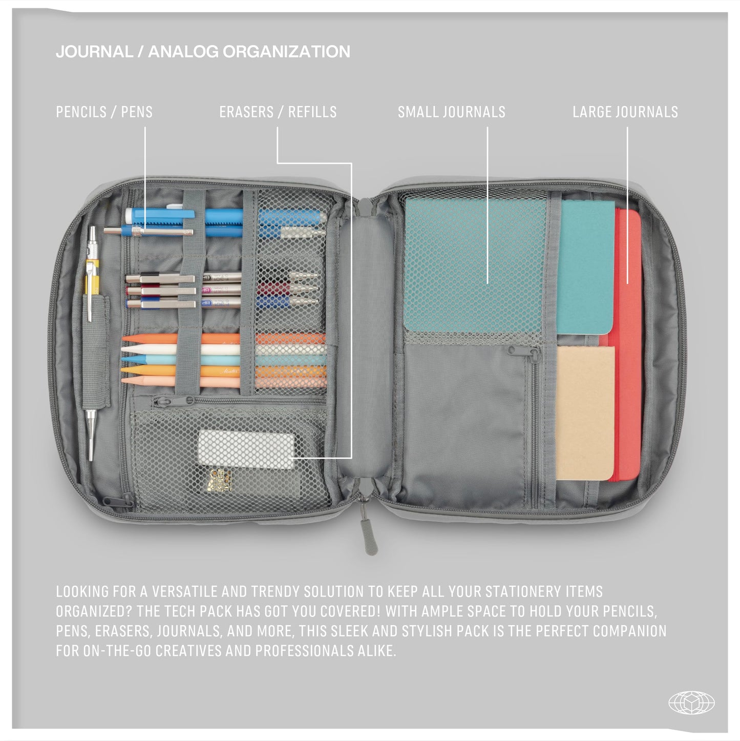 Monarc - Tech Pack, Made Using 8 Recycled Plastic Bottles, Cable & Camera Accessory Organizer, Toiletry bag, Water Resistant Materials (Grey)