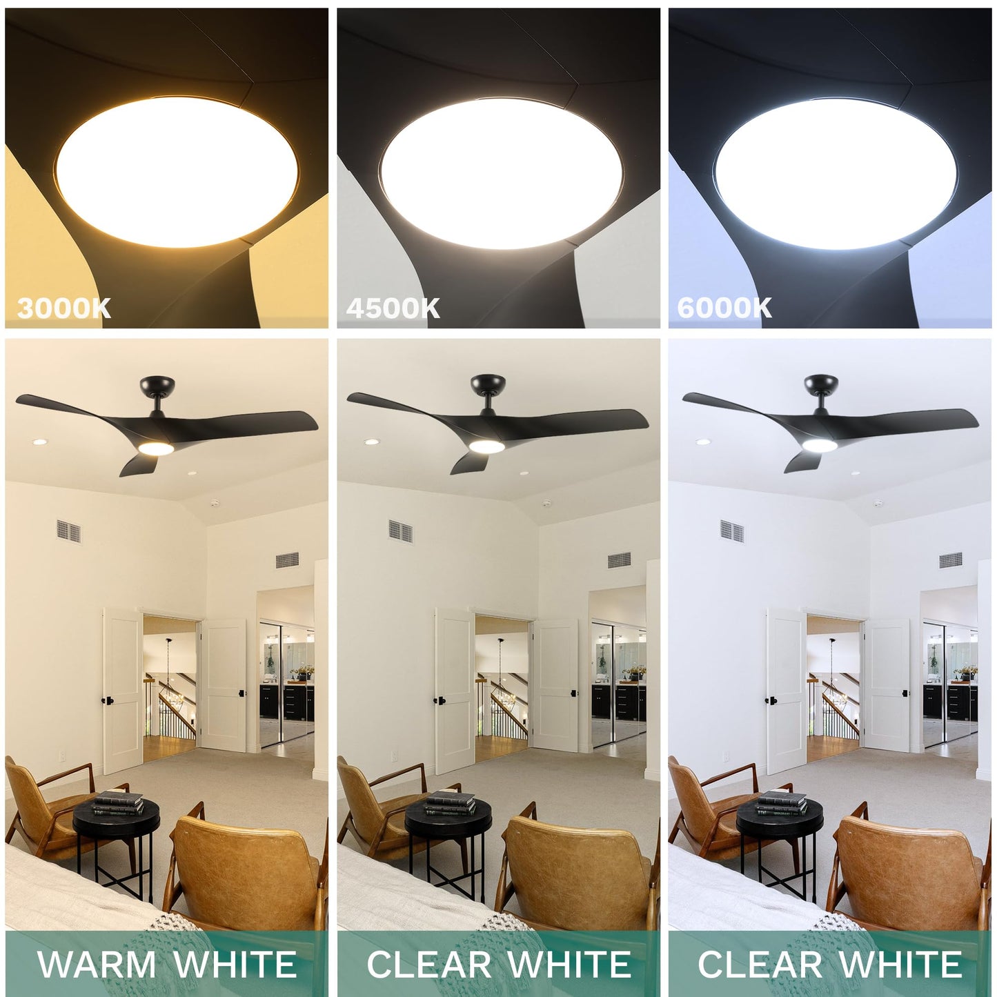 YITAHOME Black Ceiling Fan with Light, 52in Ceiling Fans with Remote for Patio, 3 Blade Ceiling Fans, 2 Downrods, 6 Speeds Reversible Noiseless DC