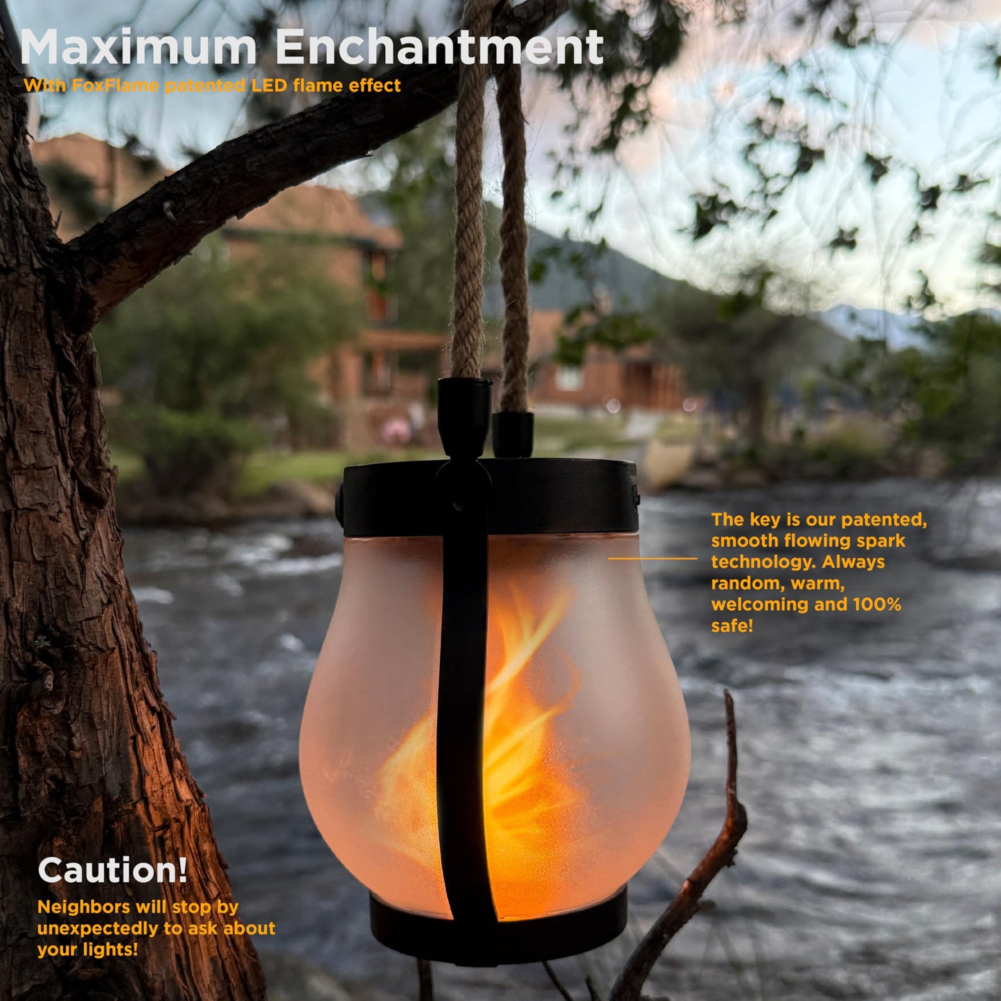 FoxFlame Schoolhouse Solar Lanterns Outdoor Waterproof - Realistic Flickering Flame, 3 Lighting Modes with Rope Handle Design, Waterproof