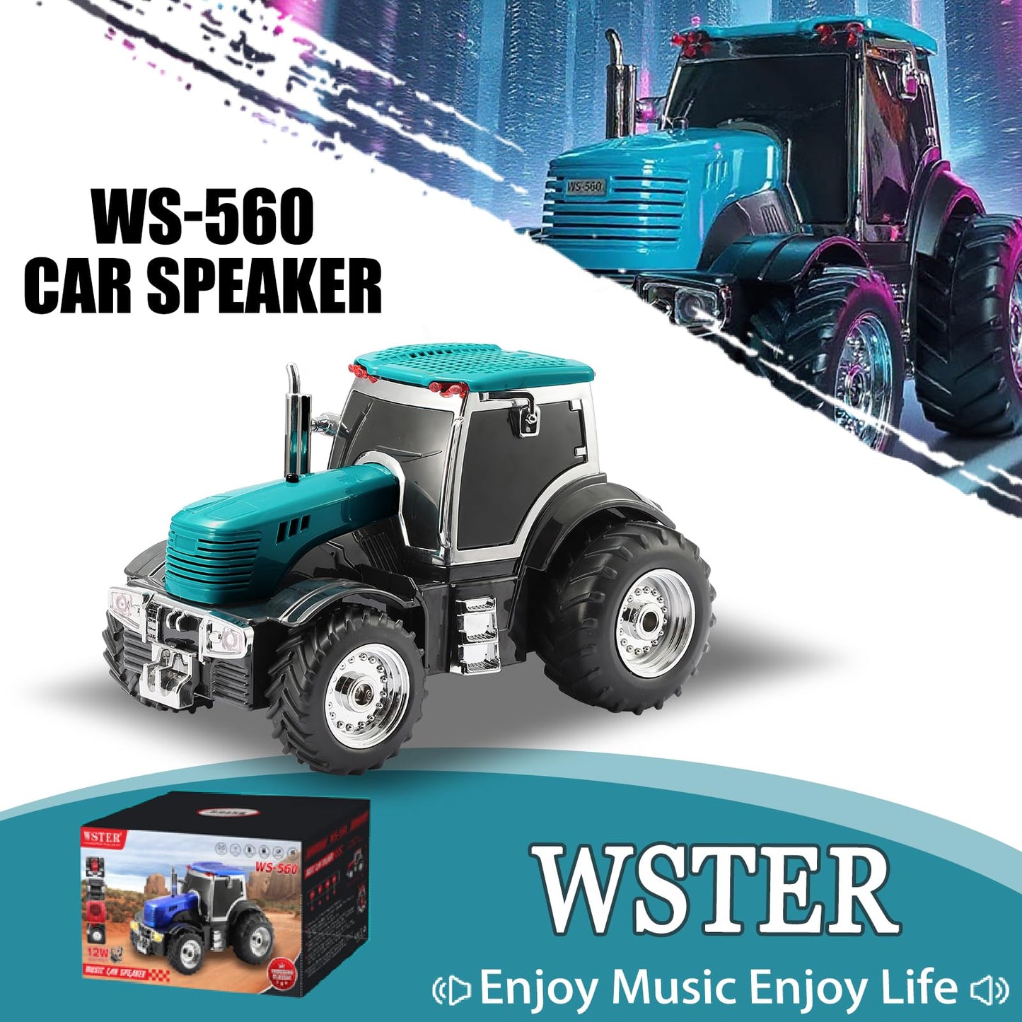WSTER WS-560 Modern Tractor Bluetooth Replica Speaker - Portable Wireless Speaker with HD Sound, TWS, LED Party Light, USB/TF, FM, Built-in