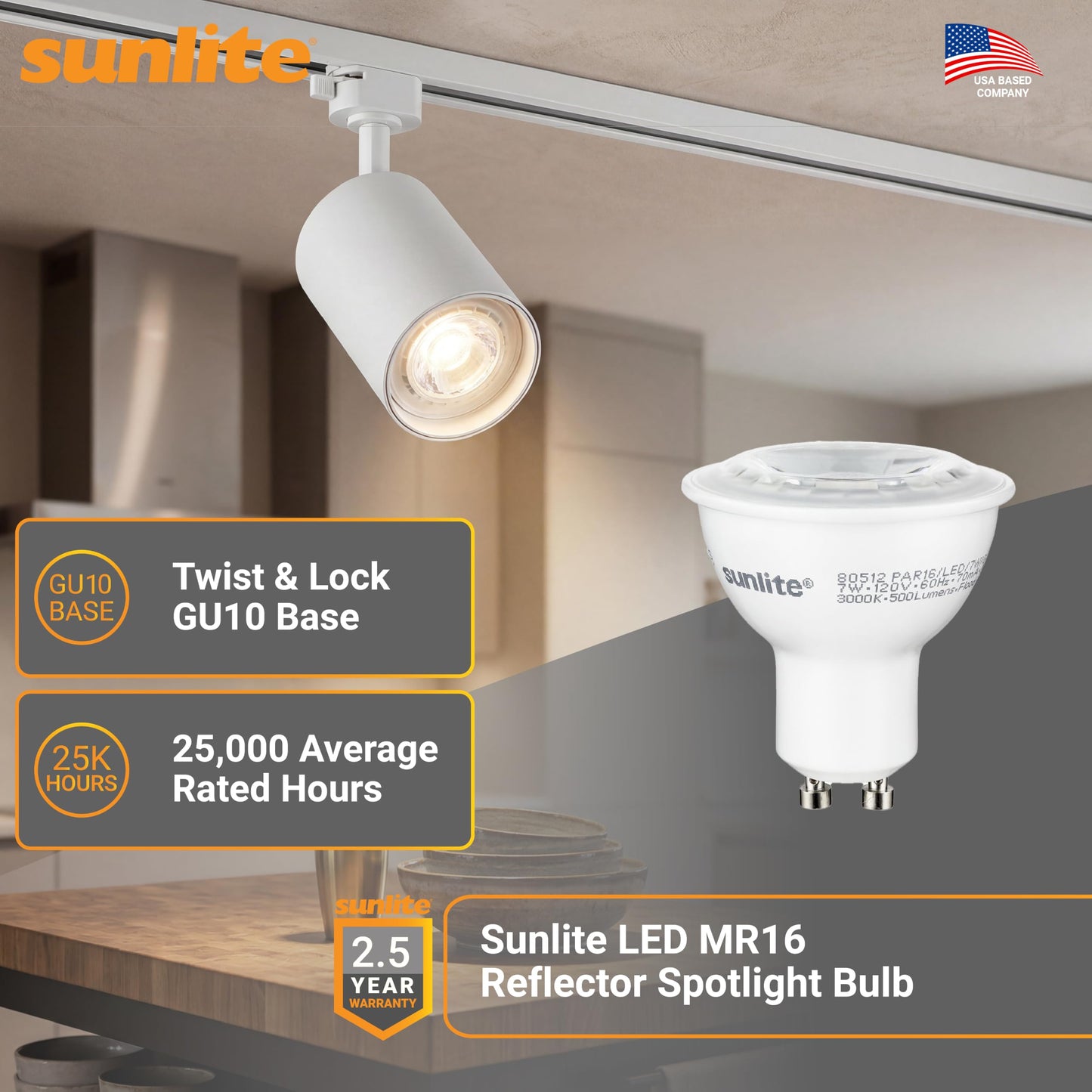 Sunlite LED MR16 Reflector Spotlight Bulb, 7 Watts (50W Halogen Bulb Replacement) 120 Volt, 550 Lumen, 35° Flood Beam, GU10 Base, Dimmable, ETL