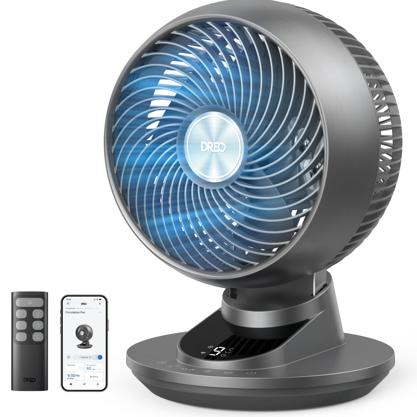 DREO Smart Fan for Bedroom, Powerful 85 ft Airflow, 12 Inches, Desk Fans in 20dB Quiet, 90°+90° oscillating fans, App/Voice Control, 9 Speeds & 8/12H
