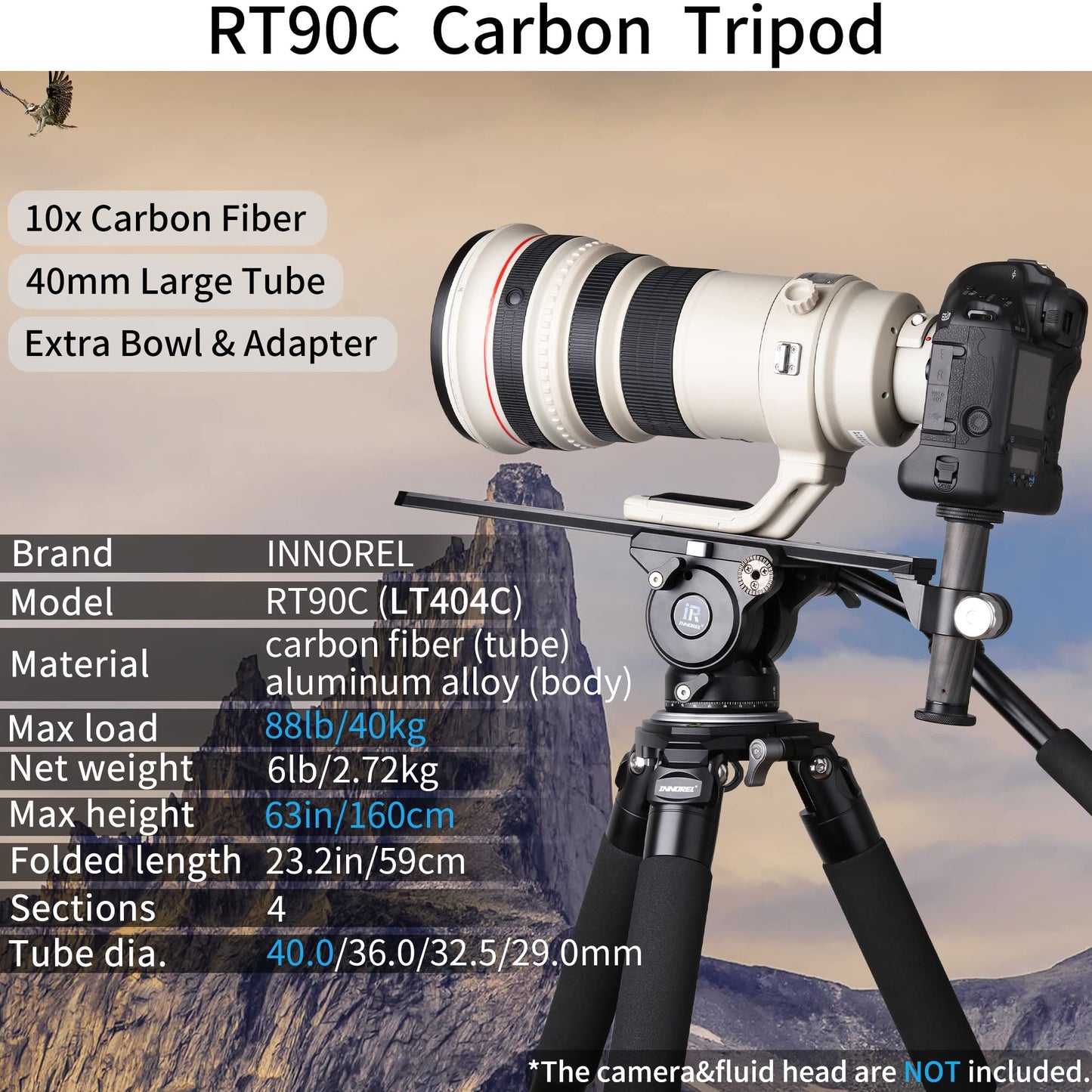 Carbon Fiber Tripod INNOREL RT90C Bowl Tripods Professional Heavy Duty Camera Stand with 75mm Bowl Adapter for DSLR Cameras Compatible with Ball Head