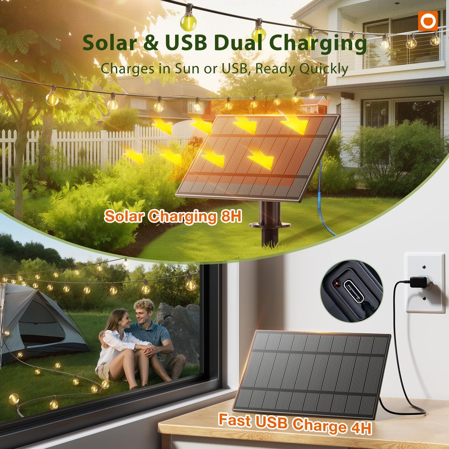 addlon 100FT Solar String Lights Outdoor with Remote, 54 LED Shatterproof Bulbs, USB Charging, 20+ Hour Runtime, Dimmable & Timable, G40 Waterproof