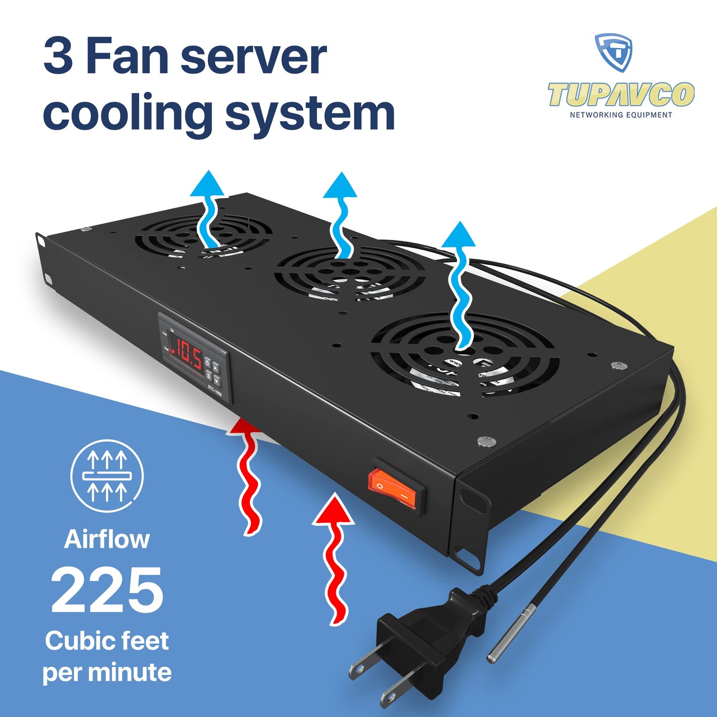 Rack Mount Fan - 3 Fan Server Cooling System - 1U 19" Rackmount Cabinet Panel Adjustable Temperature Control (Digital Heat Monitor Display) Sensor