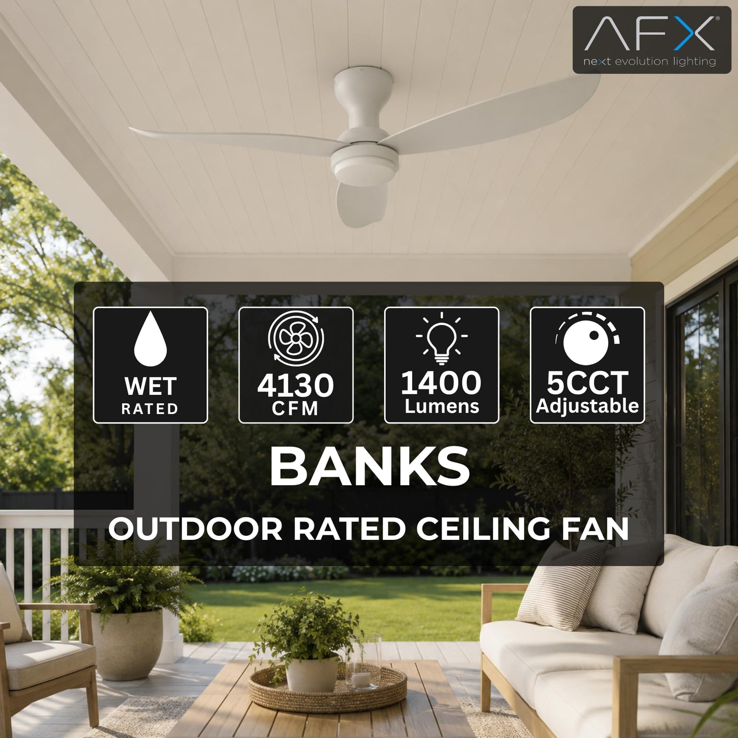 AFX BNKN523W Banks 52 Inch Ceiling Fan | 3 Blade Modern Indoor Outdoor Fan with Integrated LED Downlight and Wireless Remote | Reversible DC Motor |