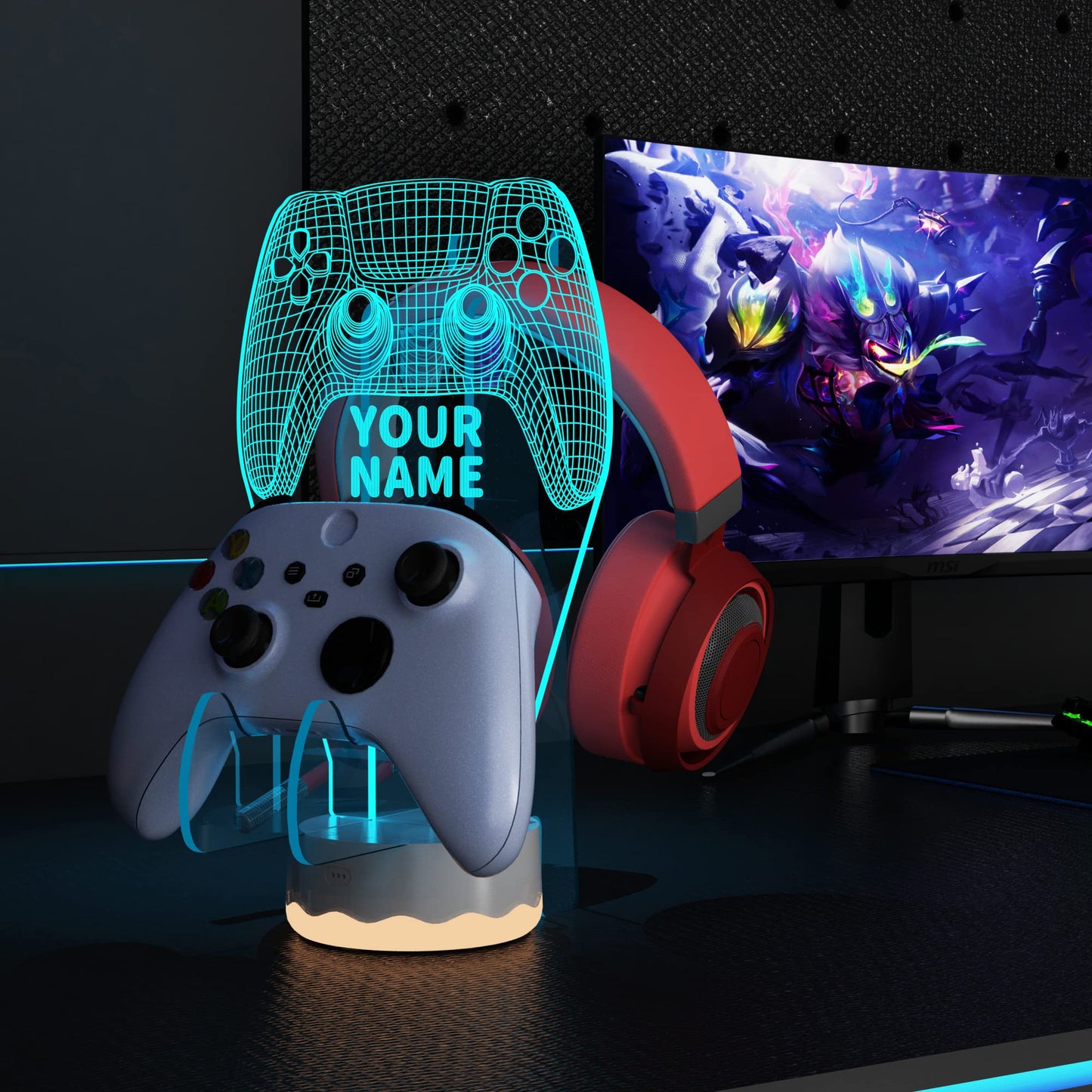 YuanDian Light up Headphone Controller Holder, 16 Colors 3D LED Lights Gamepad Stand, Game Controller Hanger for All Universal Gaming PC Accessories