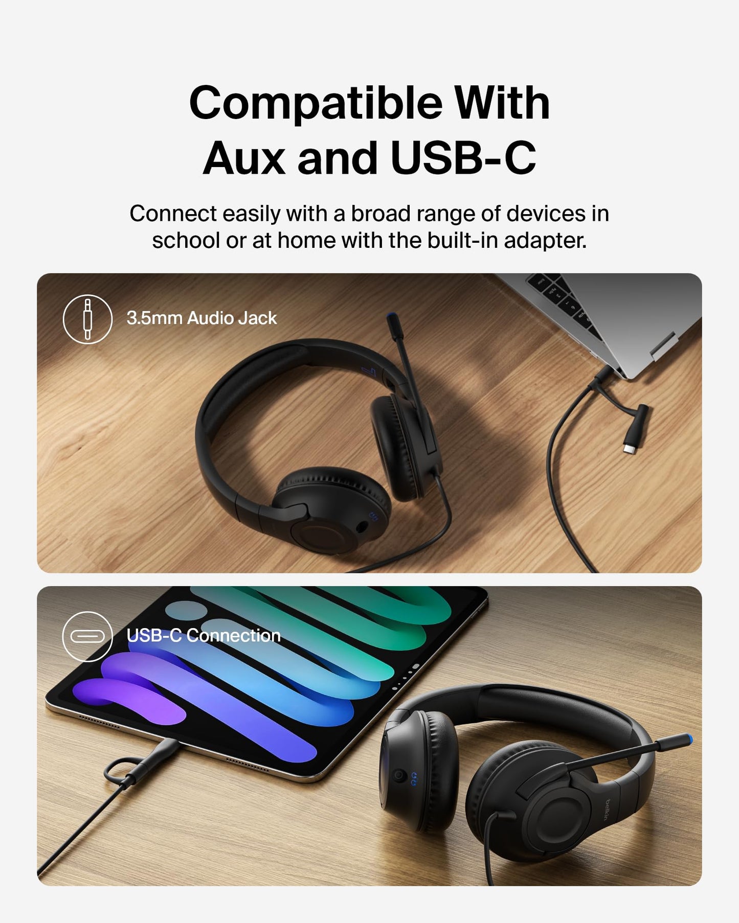 Belkin SoundForm Inspire Wired Kids Headphones, USB-C & 3.5mm