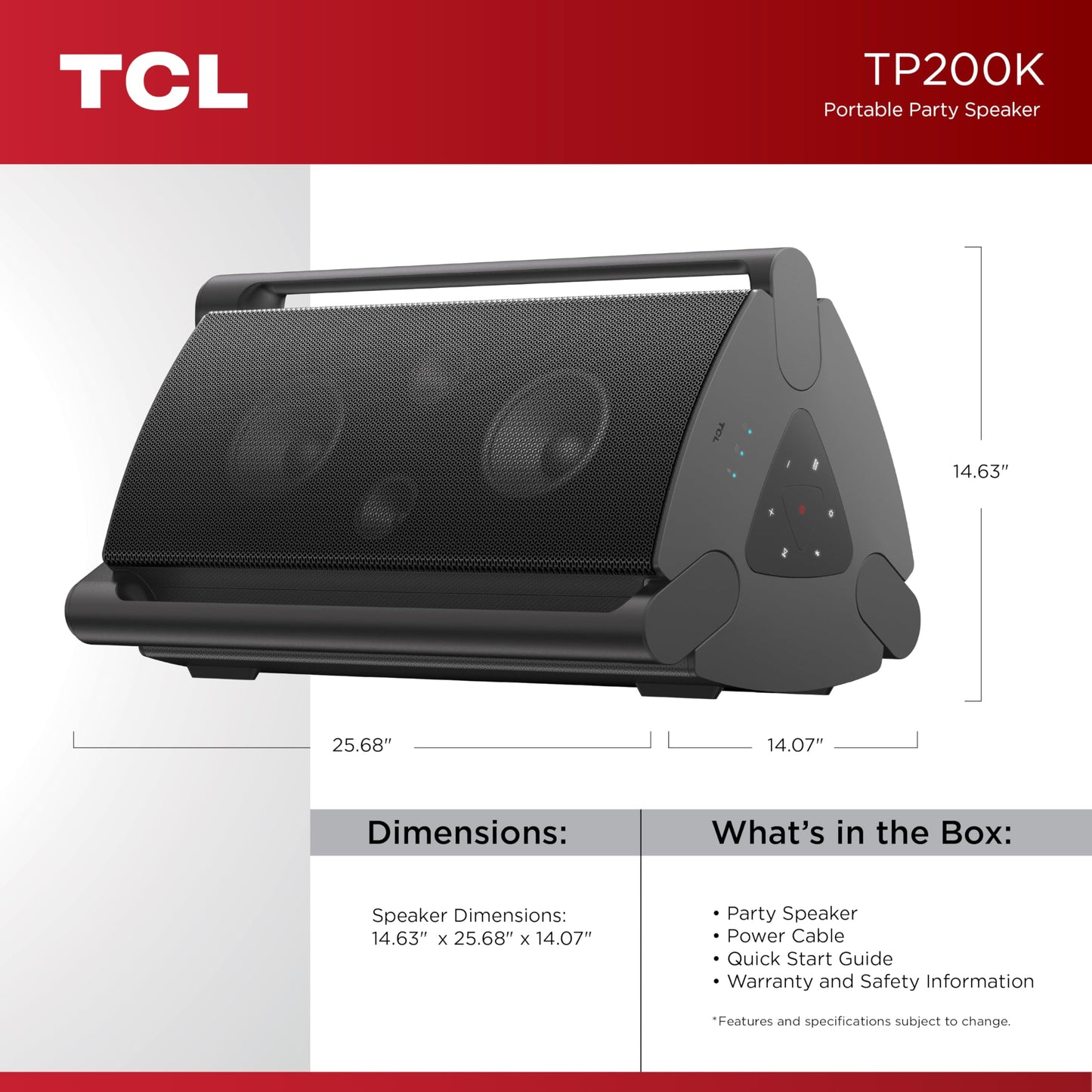 TCL TP200K Portable Bluetooth Party Speaker with 5 RGB Dynamic Light Shows, 12 Hr Battery, and IPX4 Splash-Proof Rating