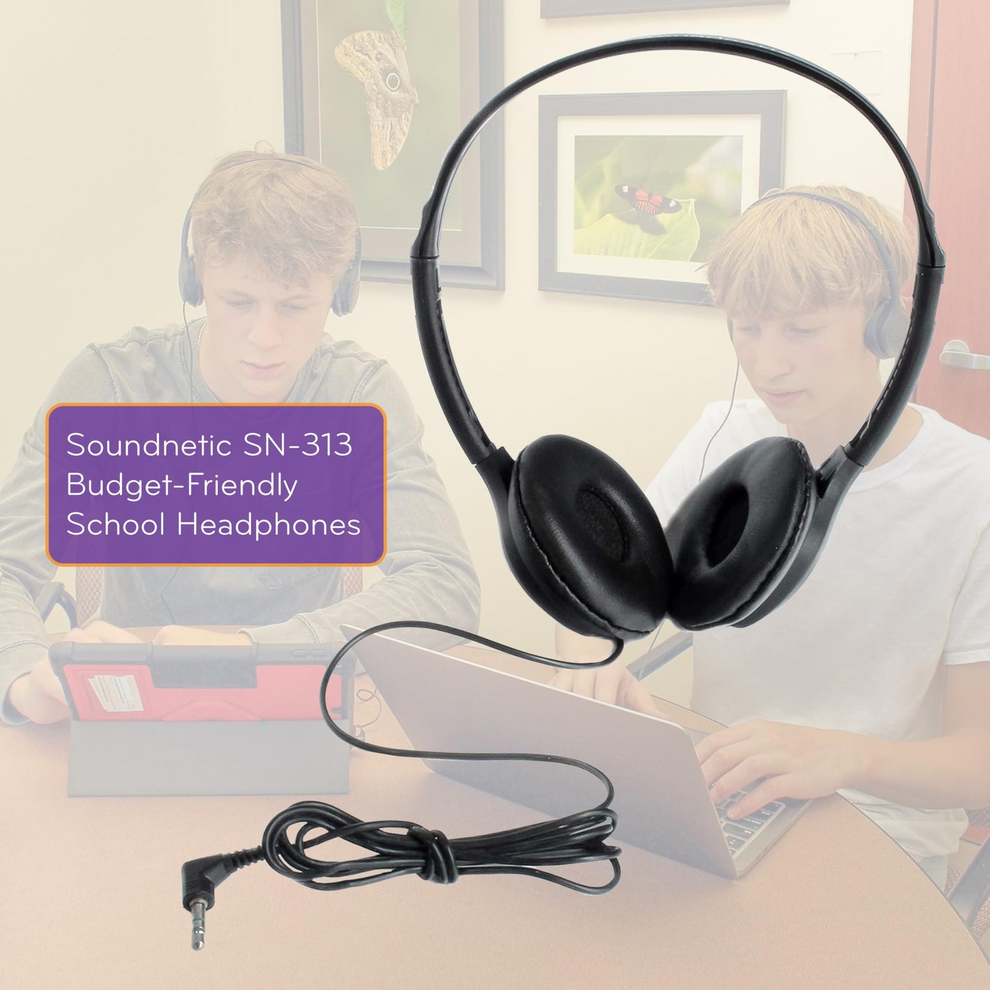 Soundnetic SN313 Bulk Classroom Headphones 10 Pack - Over The Head Stereo Headphones with Leatherette Earpads, Black - Ideal for Schools
