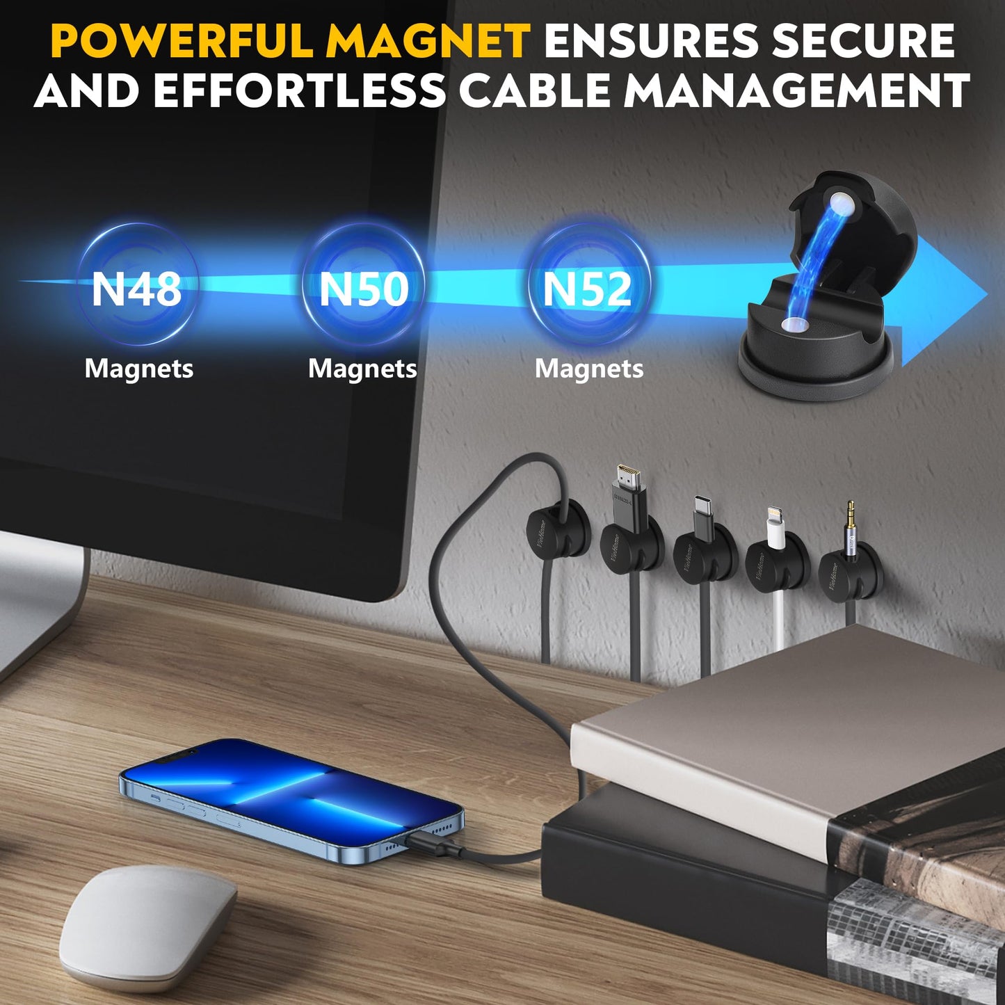 VieHome 8 Pack Magnetic Cable Management Clips - Ideal Cord Holder for Nightstand, Desk, Charger Holder - Phone Cord Holder w/360 Rotation