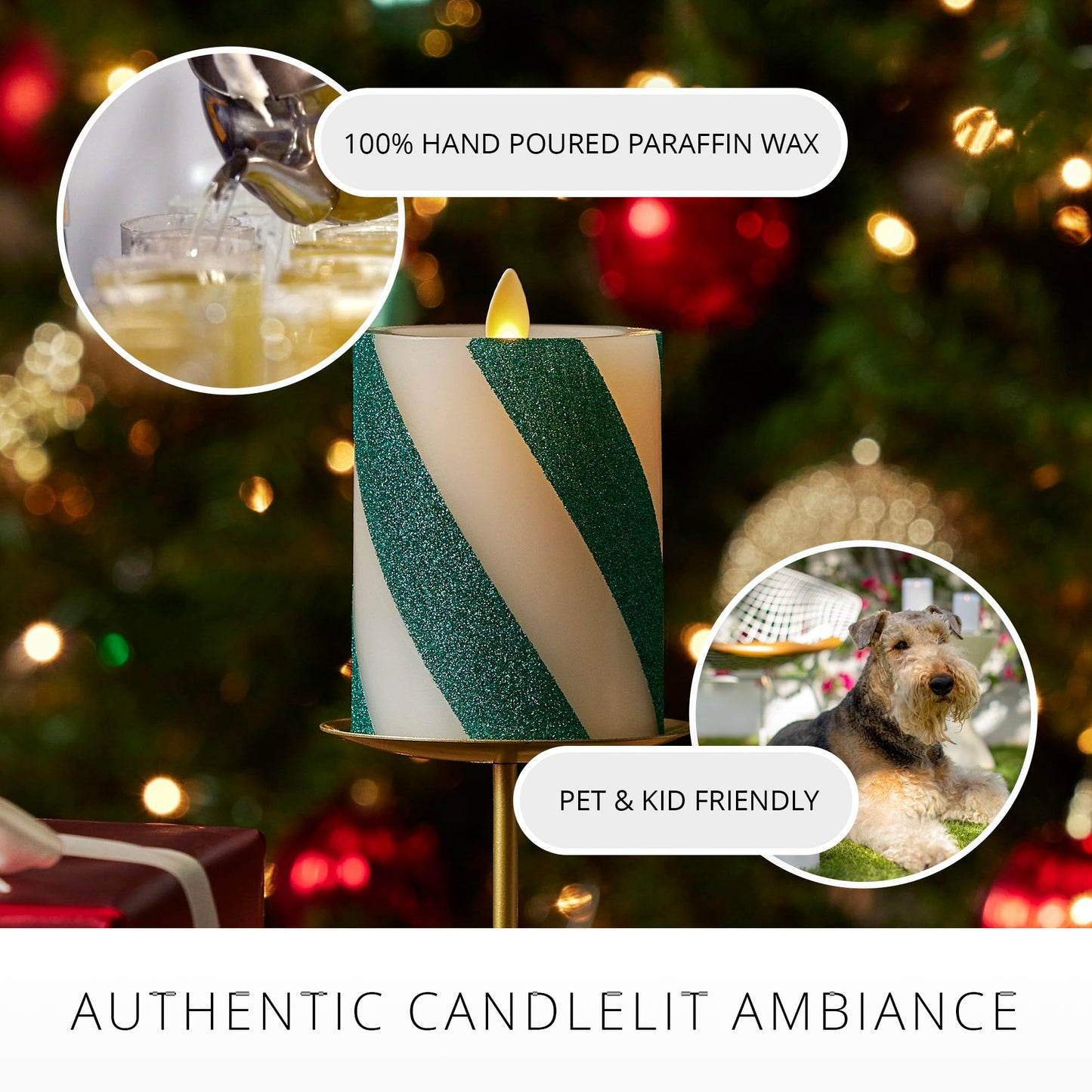 Luminara - Flameless Holiday LED Candle Battery Operated Moving Flame- Green Candy Cane - Pack of 1-4.5" - Unscented Indoor Realistic Flickering Safe
