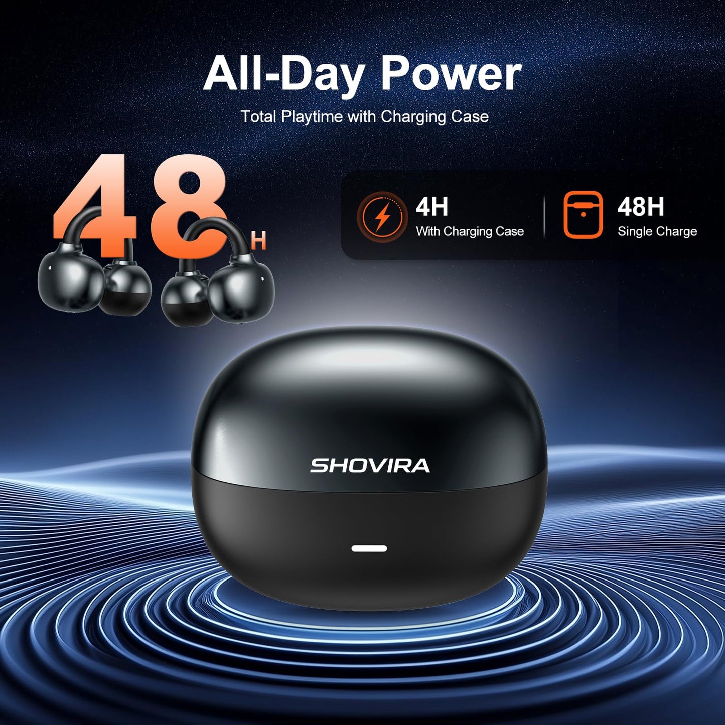 Shovira Open-Ear Earbuds, Clip-On Bluetooth 6.0 Headphones, Open-Ring Design Over-The-Ear Earphones, IP67 Waterproof, 48H Playtime, True Wireless