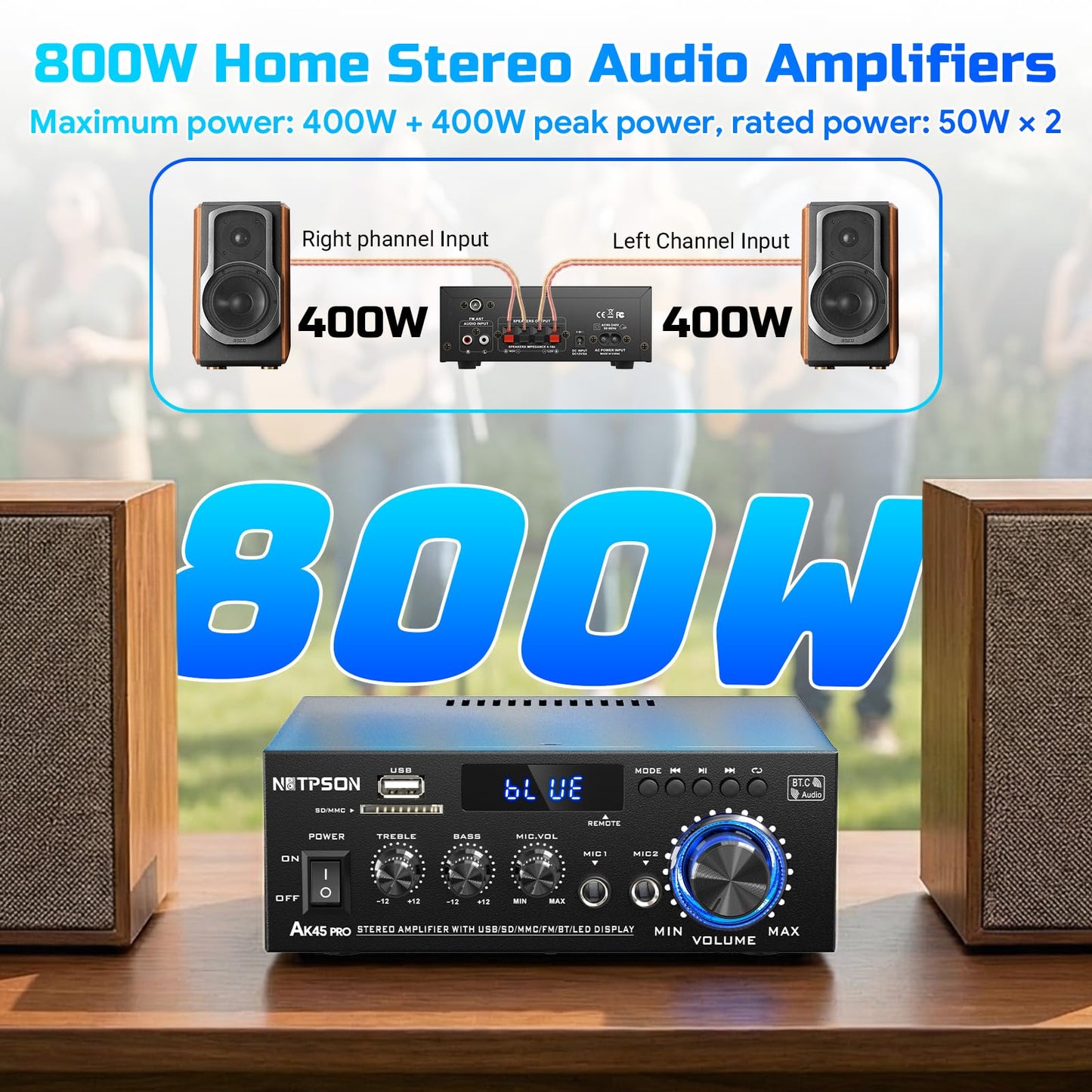 NBTPSON AK45 Bluetooth Stereo Receiver Amplifier,800W Home Audio Amp with FM Radio,USB/SD Inputs Remote Control, Wireless Power Amplifier for Home