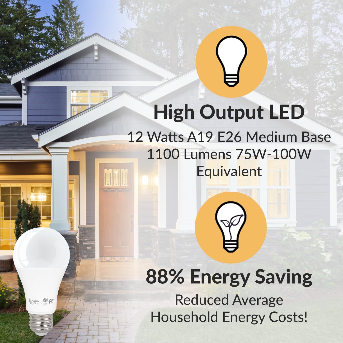 Simba Lighting LED A19 12W 120V ETL Listed Light Bulbs E26, 2700K, 4 Pack
