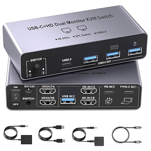 USB-C+HDM KVM Switch 2 Monitors 2 Computers - 8K@60Hz 4K@60Hz USB C KVM Switch Dual Monitor for Laptop & Desktop to Share 2 Monitor and 4 USB3.0