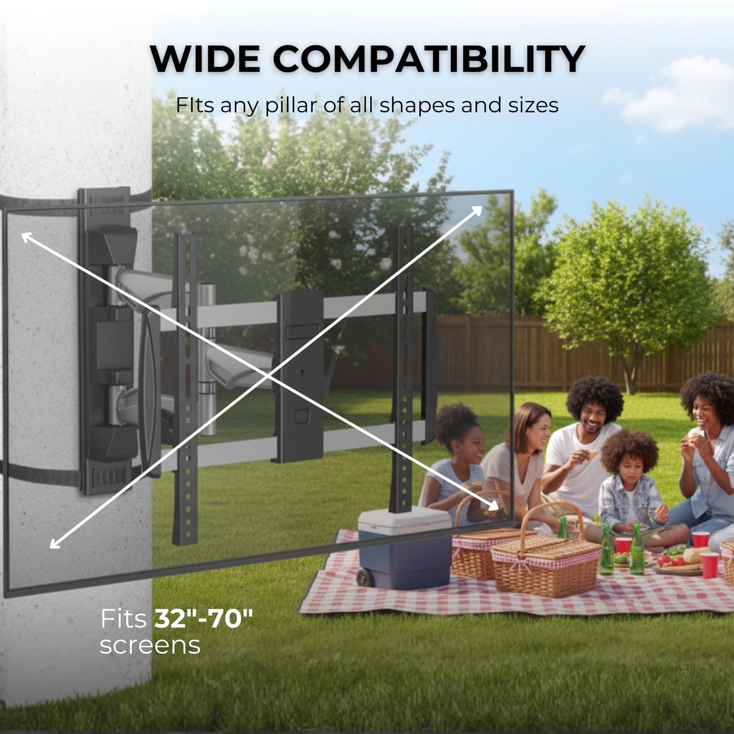 SupaTV SPTVA2164 No-Drill Strap-On TV Mount Indoor/Outdoor for Pillars, Gazebo, Pergola & Patio - Fits 37-70 in TVs to 77 lb, Full Motion Swivel Tilt