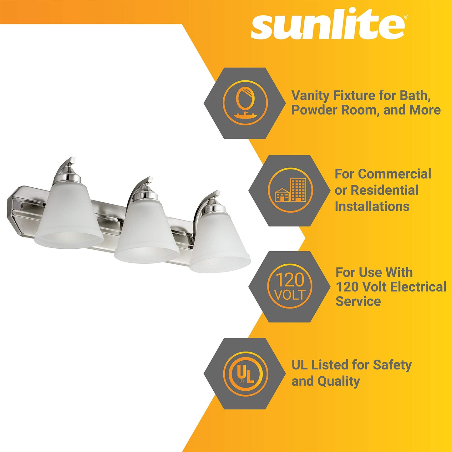 Sunlite 45057 24-Inch Modern Incandescent Vanity Bell Shaped Light Fixture, Max 100 Wattage, 120 Volts, 3 Medium E26 Base Sockets (A19), Frosted