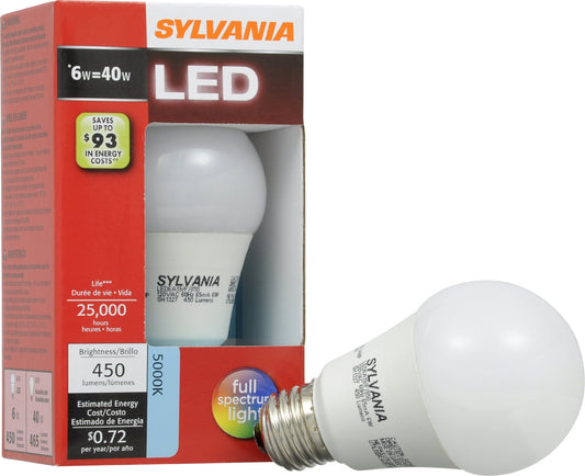 Sylvania 72553 LED 6-watt A19 Shaped 5000K Replacement for 40-watt Incandescent or 9-watt Compact Fluorescents