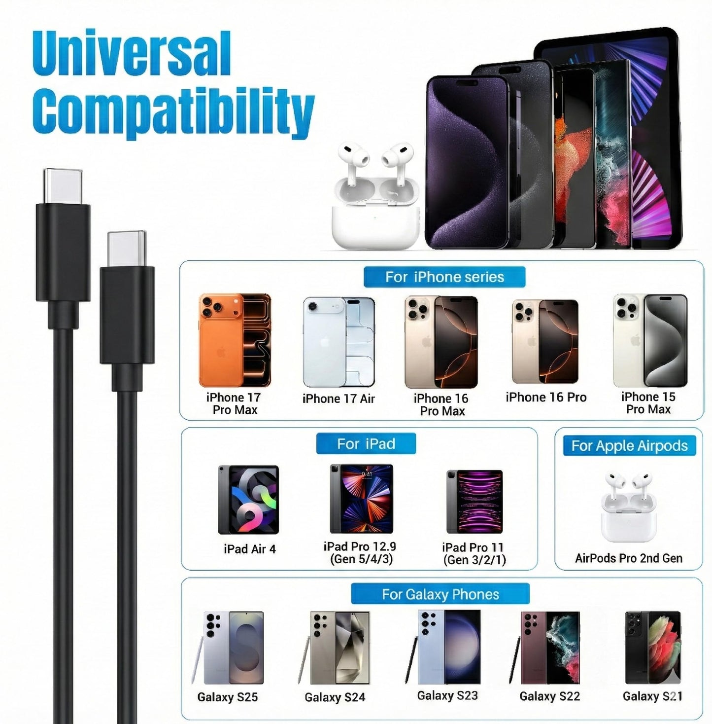 TT&C 2-Pack 30W USB C Fast Charger with 10FT Long Cables for iPhone 17, 16