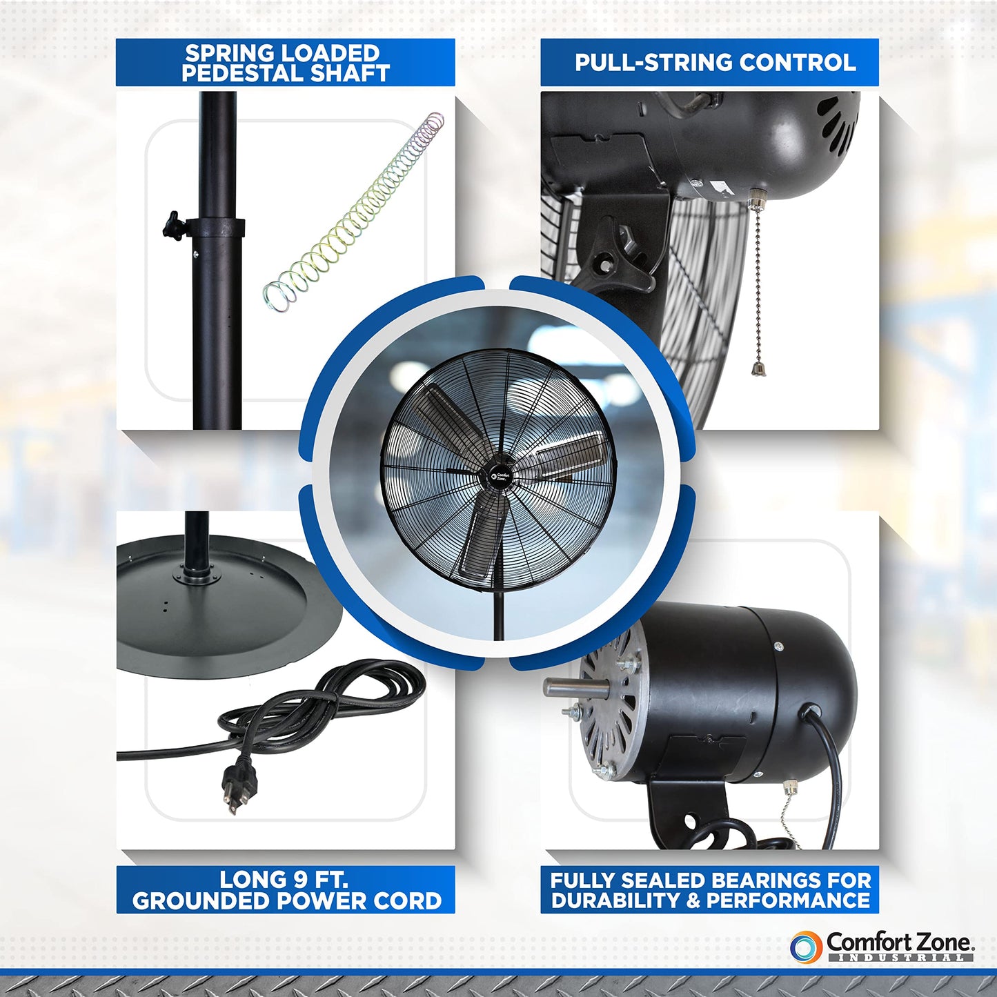 Comfort Zone Industrial Pedestal Fan, 30 inch, 3 Speed, High Velocity, Adjustable Height 56” to 76”, Metal, Meets OSHA Standards, Airflow 36 ft/sec